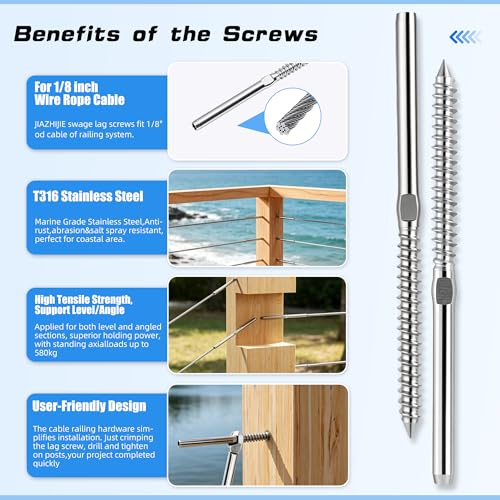 80 Pack Swage Lag Screws for 1/8" Cable Railing,T316 Stainless Steel Left & Right Handed Thread, Wood Posts DIY Baluster Hardware Kit, Wrench Included (40pairs, Sliver) 80
