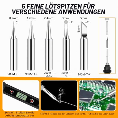 80 W Soldering Iron Set with LCD Temperature Display, 7s Fast Heating & Adjustable 180-500 °C, Complete Set with Soldering Stand, 50 g Soldering Wire, Desoldering Pump, 5 Tips & Accessories, Electronic Repair