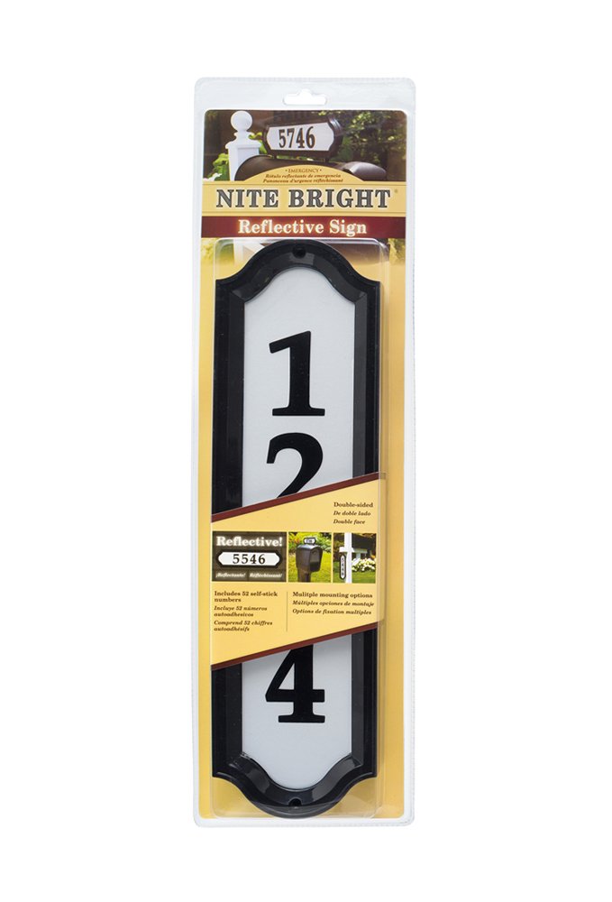 Whitehall Products Nite Bright Address Sign, 16" x 4.5", Black Numbers White Reflective Background