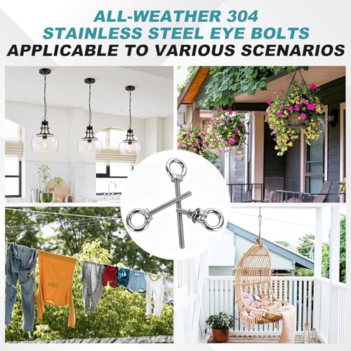 304 Stainless Steel Eye Bolt, M12x77mm (1/2"x3") Heavy Duty Eye Bolts with Nuts Washers, 8 Pack Lifting Ring Eye Bolt for Hanging String Lights Outdoor Tie Down M12x77mm(1/2"x3")