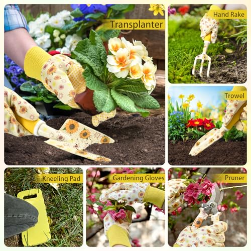 Gardening Gifts for Women, Gardening Tools for Women, 9 PCS Sunflower Garden Tools Set Kit with Garden Tool Bag, Mother's Day Birthday for Gardener Mom Grandma Aunt, Yellow