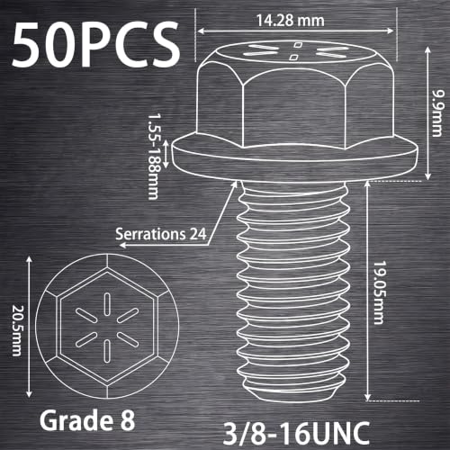 Shimeyao 50 Pcs 3/8-16 x 3/4" Grade 8 Hex Flange Bolts Yellow Zinc Plated Coarse Thread Alloy Steel Fasteners, Heavy Duty Hex Head Flange Screws for Automotive, Machinery, Trailer and RV, Repair 3/8-16 x 3/4"