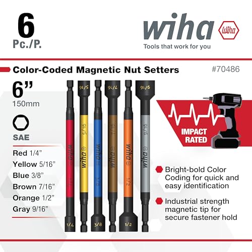 Wiha Magnetic Nut Setter Set, 12-Piece SAE and Metric, Impact Rated