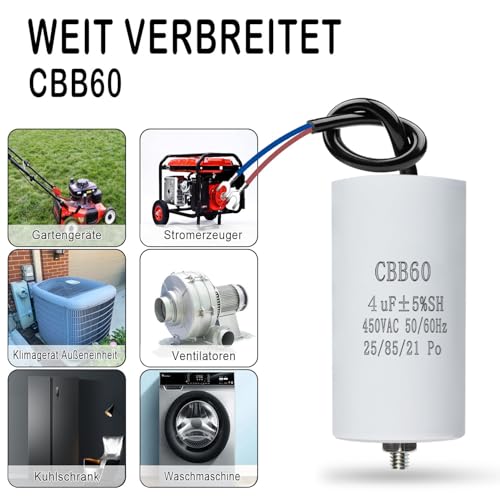 CBB60 450V 4µF 50/60HZ Capacitor, Starting Capacitor, Motor Capacitor, Motor Operating Capacitor, with Cables, M8, 34 x 65 mm, 4UF, for Motors, Swimming Pool Pumps, Wood Splitter