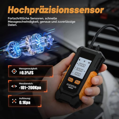 Digital Differential Pressure Gauge, -101-200 kPa Pressure Gauge ±0.5% FS High Precision Gas Pressure Gauge 6 Units Switch Air Pressure Gauge, Data Hold Function Mini Differential Pressure Gauge
