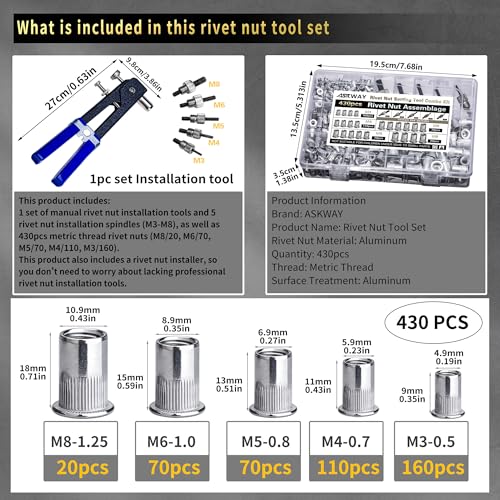 ASKWAY Pressure Rivet Nut Tool Kit, 430Pcs Aluminum Rivet Nut Combination 430 PCS Rivet Nut Tool Kit