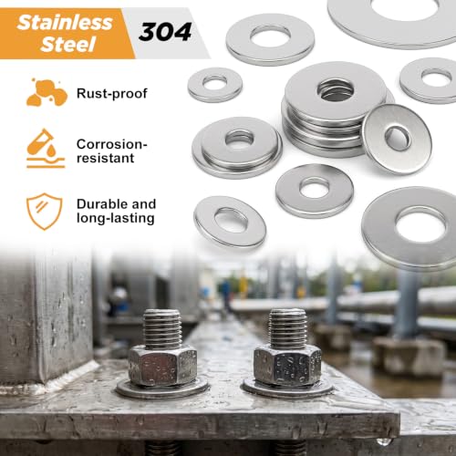 VIGRUE 300PCS Flat and Fender Washers Assortment Kit, 18-8 (304) Stainless Steel Flat Washers, 15 Assorted Sizes Metric Washers M3 M4 M5 M6 M8 M10 M12 for Screws and Bolts