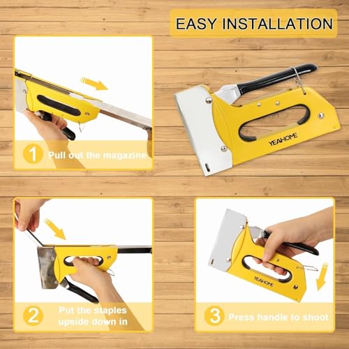YEAHOME T50 Heavy Duty Staple Gun Kit, Upholstery Staple Gun with 6000 T50 Staples of 1/4, 3/8, 1/2 Inch, Manual Stapler Gun for Wood, Crafts, Wall, DIY & Professional Use Yellow, T50 Staple Gun, with 6000 Staples