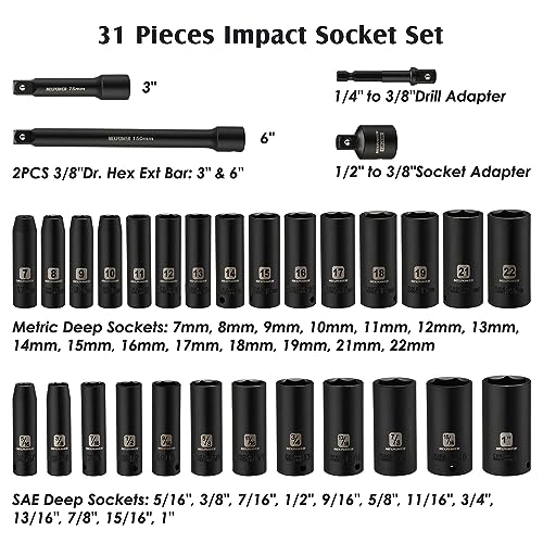 MIXPOWER 3/8" Drive Deep Impact Socket Set, 6 Point, 31 Piece SAE and Metric Socket Set, 7-22mm, 5/16"-1", Cr-V Steel Mechanic Socket Set 9/32" - 1" (Deep)
