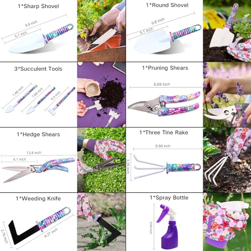 Garden Tools Set, JUMPHIGH 10 Pieces Gardening Tools with Floral Print, Ergonomic Handle Trowel Rake Weeder Pruner Shears Sprayer, Garden Hand Tools with Carrying Case Gardening Gifts for Women Father Purple