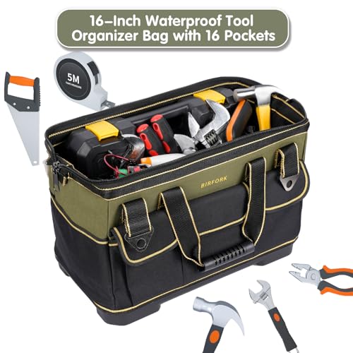 Heavy-Duty Tool Bag with 16 Pockets, 16-Inch Waterproof Tool Organizer with Reinforced Base, Adjustable Shoulder Strap, for Electricians, Carpenters, DIY Projects, Father's Day Birthday Gift (Green) Green