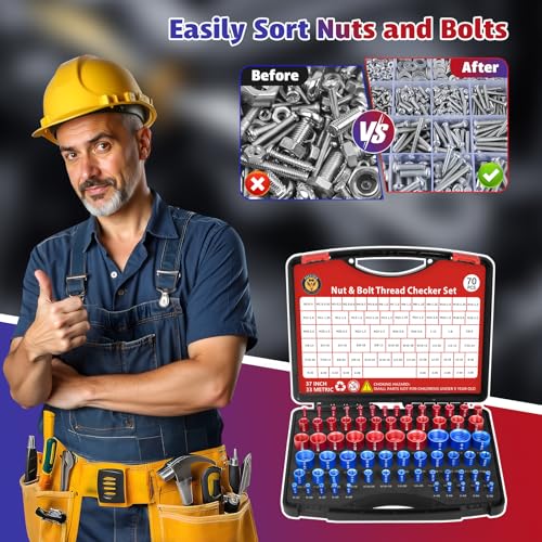 70 Pcs Thread Checker Nut and Bolt Thread Checker Set with 37 Inch and 33 Metric Box Set Thread Gauge SAE and Metric Sizes Perfect for Tight Spaces Ideal for Bolt and Nut Size Checking