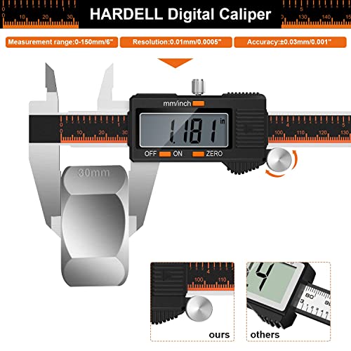 HARDELL Digital Caliper 150 mm, Digital Calliper Made of Stainless Steel, LCD Display, mm/Inch Conversion, Zero Adjustment, Splash-proof & Dustproof, for Workshop, 3D Printing and Car Black 150mm