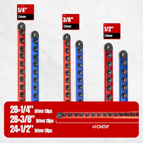 6PC Magnetic Socket Organizer Set, 1/2" 3/8" 1/4" Drive 6 Pieces-1/4", 3/8", 1/2" DR Red & Blue