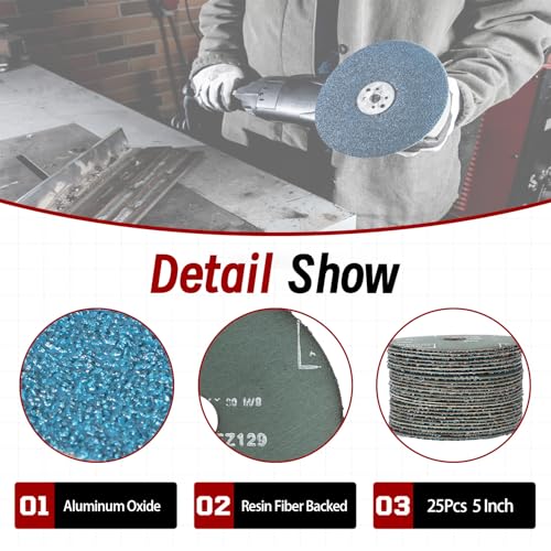 findmall Abrasives 25Pcs Fiber Disc 5 Inch Zirconia Resin Fiber Grinding and Sanding Discs 7/8 Inch Center Hole 36 Grit 5 Inch x 7/8 Inch 36 Grits