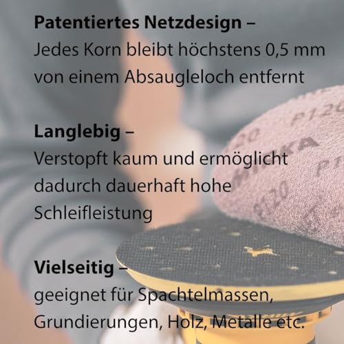 Mirka Abranet 5424105012 Mesh Sanding Discs, Diameter 150 mm, Velcro, Grit P120, Pack of 50, for Sanding Wood, Filler, Varnish, Plastic | Mesh sanding discs P120 for wood, spatula, varnish, plastic, high dust extraction and long service life 120