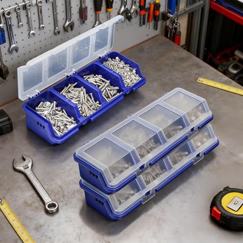 Tlence 6 Pack Screw Organizer Box with Lid, 4 Compartments Small Parts Bins, Plastic Hardware Storage Containers, Nails Sorting Divider Toolbox Case for Garage Nuts Bolts Craft Organizing