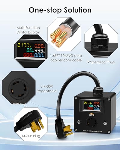 30A AC Power Meter Fit for 240V NEMA 14-50P to L14-30R Plug-in Energy