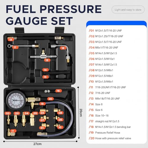 Fuel Pressure Detector kit 0-140 PSI, Universal Fuel Injection Pump Pressure Gauge kit with Quick Release Valve. ((TU-114Black) (TU-114Black）