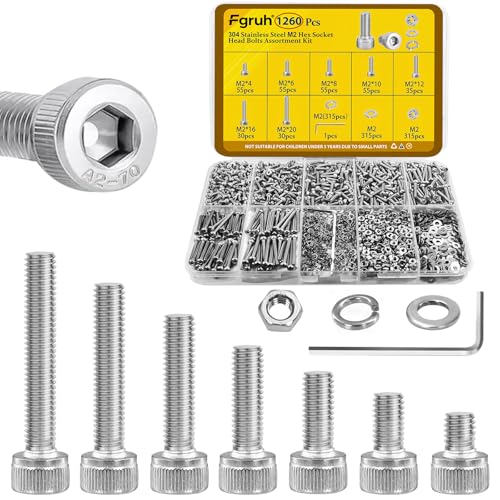 1220Pcs Metric M3 M4 M5 M6 Hex Socket Head Cap Screw Bolts Kit & 1260PCS M2 Hex Socket Head Bolts Assortment Kit, 304 Stainless Steel Screw Set with Nuts, Washers