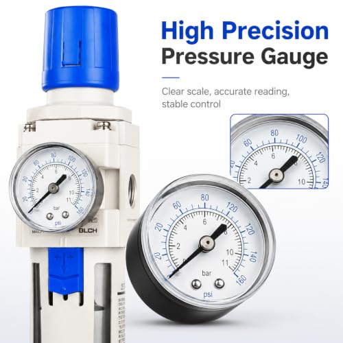 BLCH 1/2" NPT Air Compressor Filter - Air Pressure Regulator Filter Combo,Compressed Air Dryer AW4000-04 Semi-Auto Drain Poly Bowl Gauge 0-160 PSI 5μm
