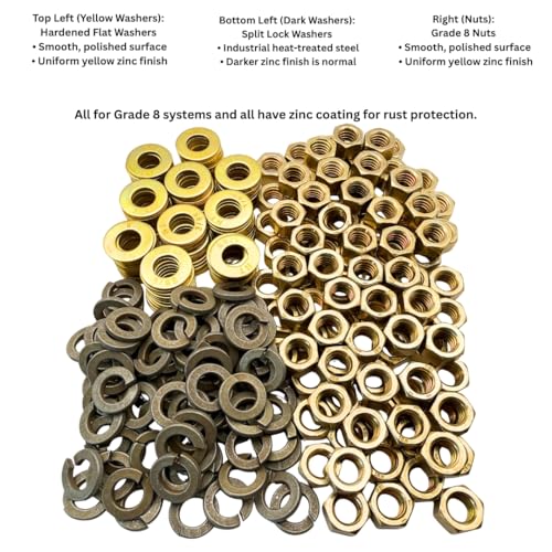 3/8″ Washer & Lock Washers, Includes Grade 8 Hex Nuts (300 Pieces) – Compatible with High Strength and Grade 8 Fasteners Flat + Lock Washer + Hex Nut – 300 Pack
