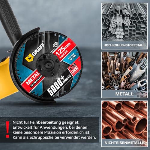 Angle Grinder Cutting Disc 125/115 Metal GRAFF Black, Diamond Cutting Disc for Thin-Walled Metal, Metal Brackets, Metal Pipes and Profiles, Iron, Cast Materials, Diamond Edge Diameter: 125 mm