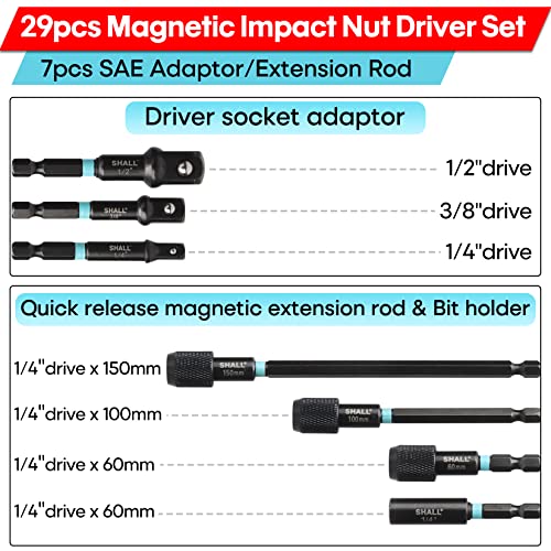 SHALL 29PCS Magnetic Nut Driver Set, Impact Drill Driver Bit 1/4" Hex Shank, SAE & Metric Cr-V Steel Power Nut Drivers with Quick-release Extensions, Impact Socket Adapters, Bit Holder and Storage Bag Variety Pack
