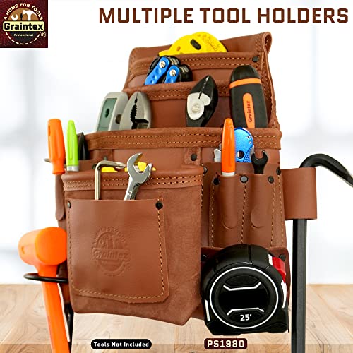 Graintex PS1980 :: 10 Pocket Nail & Tool Pouch Tan Color Industrial Grade Leather; for Handyman, Constructors, Plumbers, Electrician