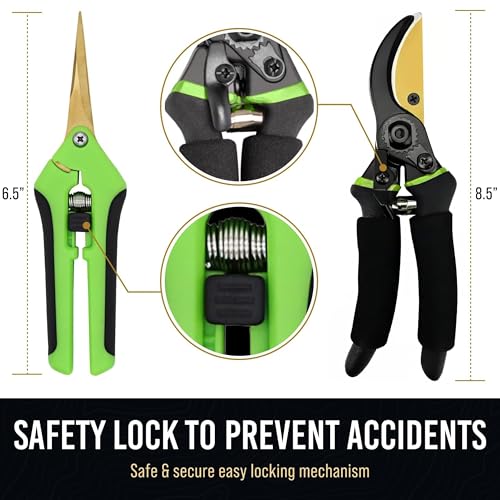 8.5" Professional Bypass Pruning Shears & Gardening Scissors Set - Super Sharp Premium Garden Shears | Pruning Shears For Gardening, Garden Hedge Clippers Handheld Pruners - Garden Scissors Shears + Scissors