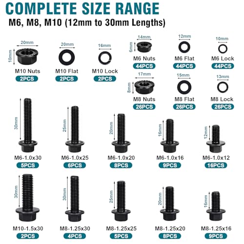 288 Pcs Metric Flange Bolt Assortment Kit, M6 M8 M10 Hex Flange Bolts with Nuts and Washers (12mm to 30mm), 10.9 Grade Black Zinc Alloy Steel, for Automotive, Machinery, and DIY Projects