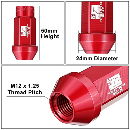J2 Engineering J2-LN-T7-037-125-RD M12 x 1.25 T6-7075 Aluminum 50mm Closed End Lug Nuts w/Deep Drive Extension Adapter,Red