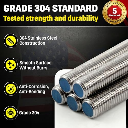 Chenango Supply 1/4-20 x 3, 304 Stainless Steel Fully Threaded Rod 1/4-20 x 3ft (5 Pack)