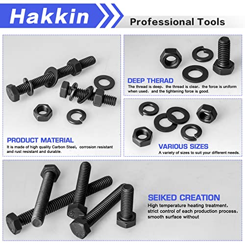 Hakkin 120PCS 5/16-18 Hex Bolts and Nuts Kit, Length 3/4",1”,1-1/2",2",2-1/2”,3”, 5/16” Heavy Duty Nuts and Bolts Screws Flat & Lock Washers Kit, Grade 8.8 Carbon Steel Machine Screw Assortment Kit H 5/16-18 Hex Bolts Black (120pcs)