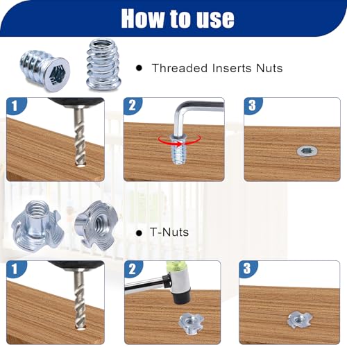 Taiss 140PCS 1/4-20 Threaded Inserts for Wood,T Nuts,1/4-20x 1", 1-1/4" Bolts Button Head Socket Cap Screws+30 Sets 1/4-20 x 3/4" Furniture Screw Nut Threaded Inserts for Wood