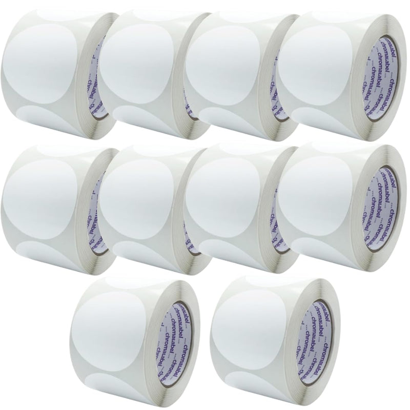 ChromaLabel 3 Inch Circle Sticker Labels, Round Colored Stickers, Permanent Round Labels - 500 Sticky Dots per Roll, White - Case of 10