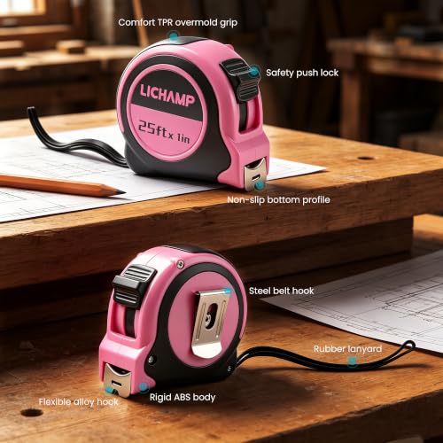 Lichamp Pink Mini Tape Measure 3 Pack 25ft x 1in with 1/8 Fractions