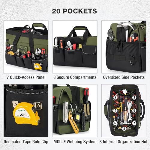 HISEA Heavy Duty Tool Bag 20 Pockets, 16-Inch Portable Tool Box Organizer Green 16inch
