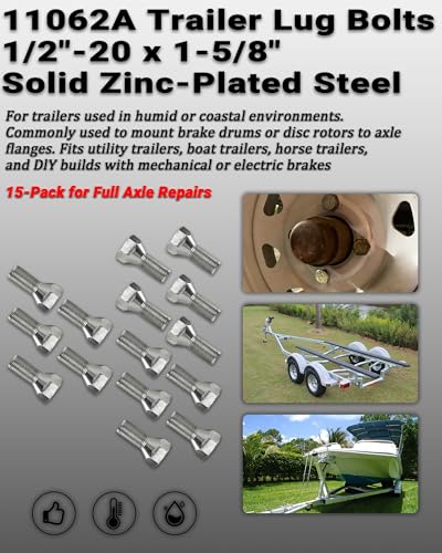 15 Pack 11062A Trailer Lug Bolts 1/2"-20 x 1-5/8" Solid Zinc-Plated Steel, Fits 5-Lug Hubs for Boat & Utility Trailers 15