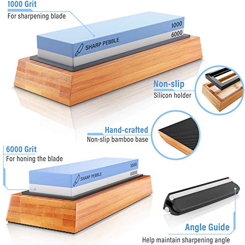 Sharp Pebble Knife Sharpening Stones Kit with 400/1000 and 1000/6000 Grit with Flattening Stone & Angle Guide