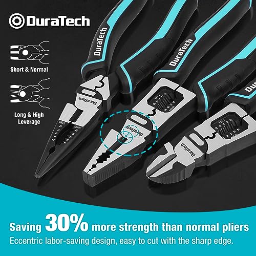 DURATECH 3PCS Pliers Set, Large 6 in 1 Multifunctional Wire Stripper Crimper Cutter, 8.5" Long Nose Pliers, 8.5" Linesman Pliers, 8" Diagonal Side Cutting 3PCS Set