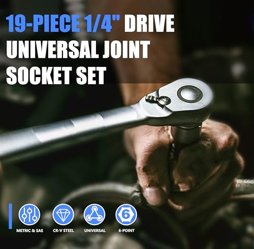 19-Piece 1/4" Drive Universal Joint Socket Set, Swivel Socket Set & Wobble Sockets with Metric (5-15mm) and SAE (3/16"-9/16"), 6-Point CR-V Flex Sockets for Tight Spaces