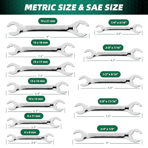 PRIDE&CRAFT 12-Piece Flare Nut Wrench Set, Metric & SAE,6-21mm & 1/4" to 7/8", CR-V Steel, 15°Offset Design, Brake Line Wrench Set with Organizer Pouch 12pc Metric & Sae Standard