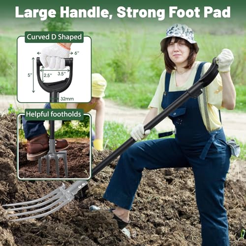 Lilyvane Garden Fork, 4-Tine Gardening Pitchfork with 35” Metal Handle, 46” Long Heavy Duty Digging Manure Forks for Farm Garden Mulch Spreading, Loosening,Potato Digging Composting Transplanting