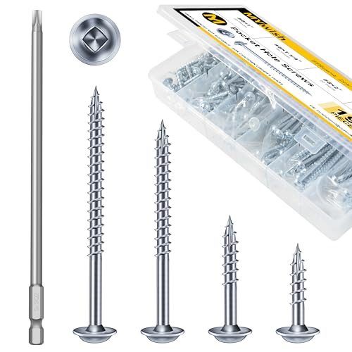 Mywish 190Pcs #8 Pocket Hole Screws, Wood Screws Assortment Kit & 105Pcs Concrete Screws Assortment Kit, Self Tapping Pocket Screws with Square Drive, Concrete Screws Set for Concrete Masonry