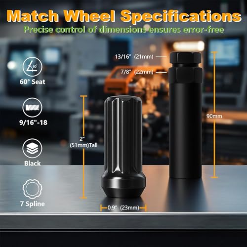 [BRONEVO] 20pc 9/16-18 Spline Lug Nuts with 2 Socket Tools - 2" Long Black Nuts for Aftermarket Wheels - Replacement for Dodge Ram 1500, Dakota, Durango - 60 Degree Conical Seat