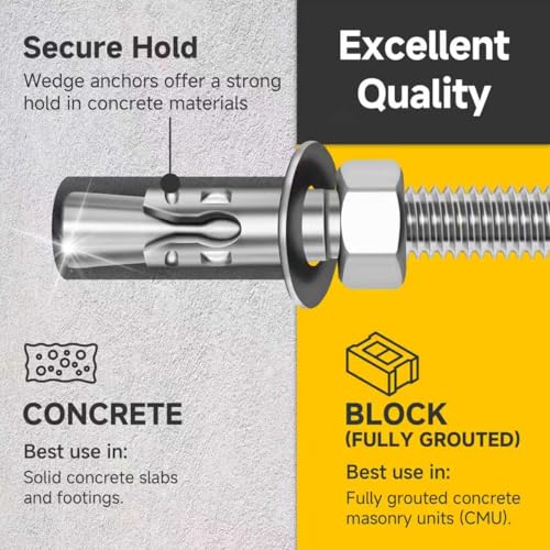 Mywish 1/2 x 6 Inch Wedge Anchors, 5Pcs 304 Stainless Steel Industrial 1/2 Heavy Duty Industrial Masonry Wdege Anchor Bolts for Brick Cement and Concrete, Bright Finish 1/2 x 6"
