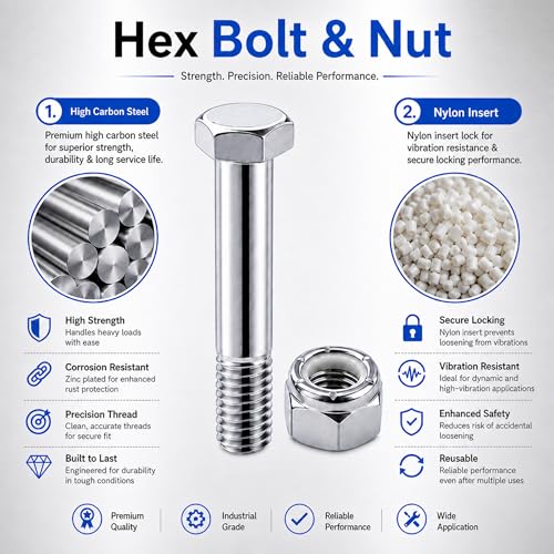 50 Sets Zinc-Plated Caster Axle Bolts & Nylon Lock Nuts, 5/16-18 x 2.2 Inch