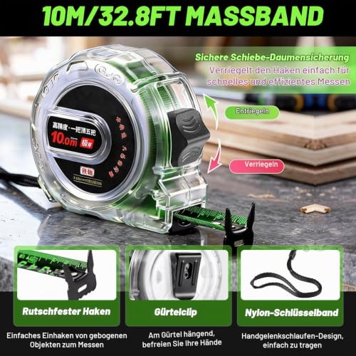 Pack of 2 Tape Measure 10 m, Stainless Steel Waterproof Measuring Tape, Heavy Performance Measuring Tape, Tape Measure 10 m, Durable Roll Measuring Tape for Carpenters, Builders, Industry and Home, Funny Santa Gift