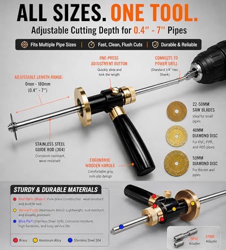 Upgraded Inside Pipe Cutter for PVC Pipe, One-Press Adjustable Depth 0.4"-7", Flush Cut Tool with Diamond Cutting Wheel, Fits Multiple Pipe Sizes, 1/4" Hex Shank for Drill & Impact Driver Pro Kit